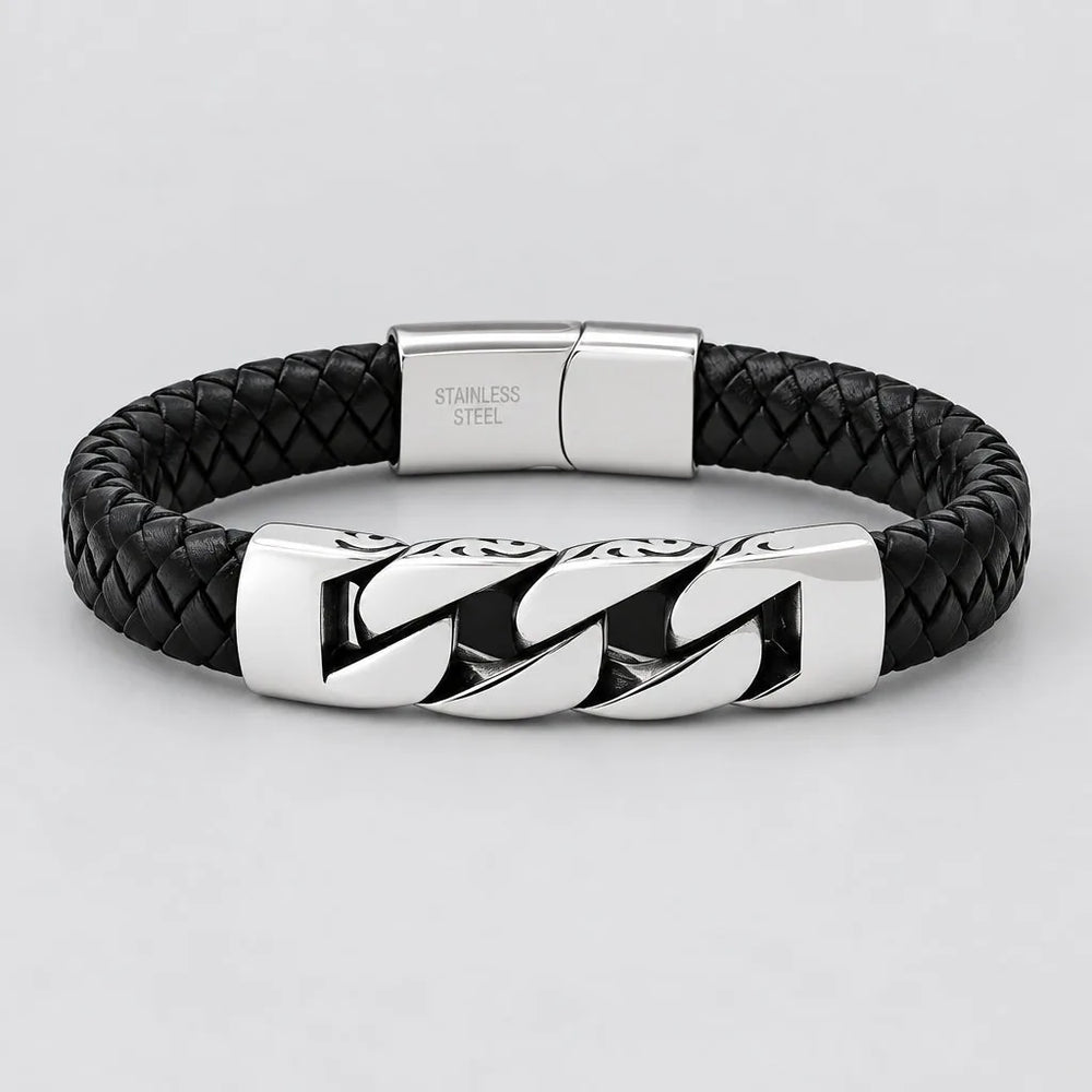Bracelet motard en acier inoxydable et cuir tressé noir à motif grec pour hommes