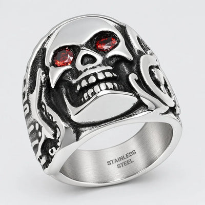 Bague Crâne en Acier Inoxydable pour Homme avec Yeux Rouges