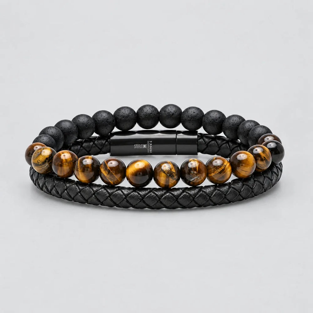 Ensemble 2 bracelets pour hommes. Cuir tressé brun et œil de tigre avec perles de lave noires