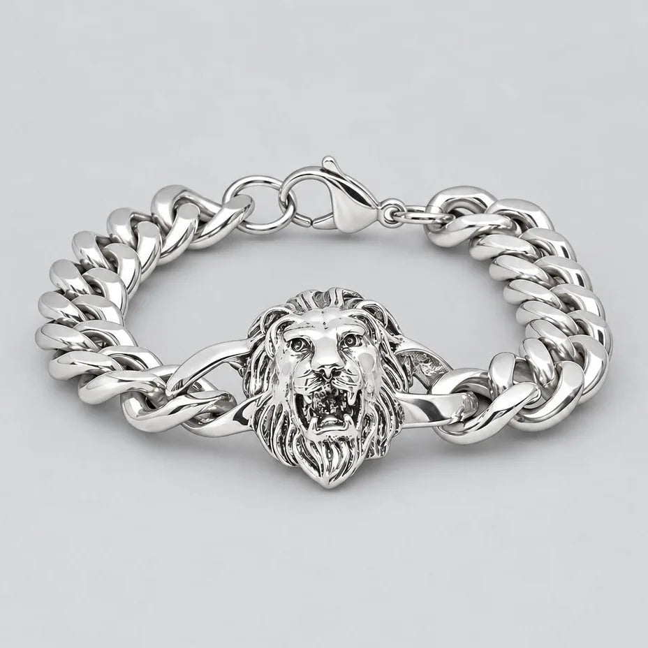 Bracelet Cubain Audacieux en Acier Inoxydable avec Tête de Lion pour Homme
