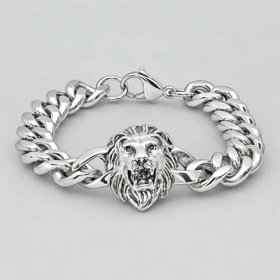 Bracelet Cubain Audacieux en Acier Inoxydable avec Tête de Lion pour Homme