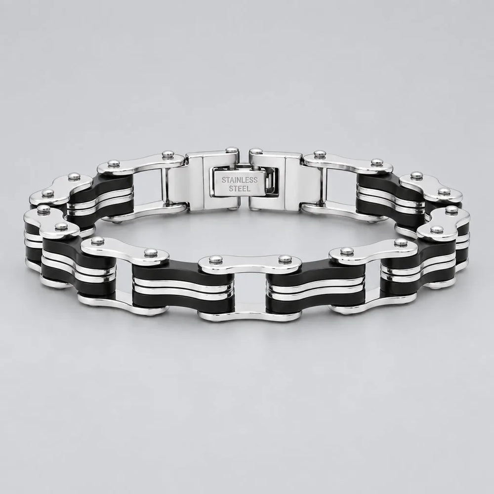 Bracelet chaîne de vélo en acier inoxydable pour hommes. Style motard noir et argent.