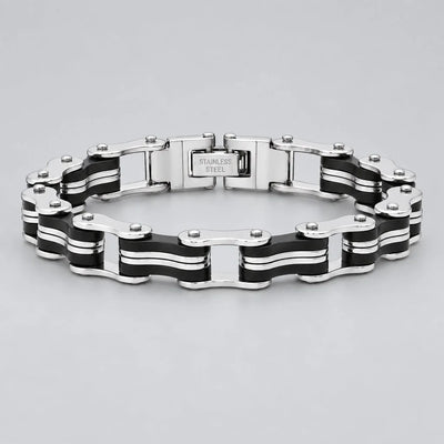 Bracelet chaîne de vélo en acier inoxydable pour hommes. Style motard noir et argent.