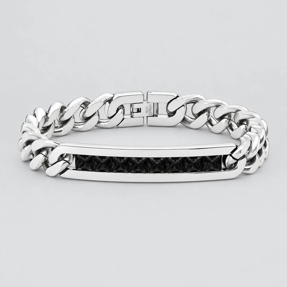 Bracelet de motard argenté en acier inoxydable avec texture diamant noir pour hommes