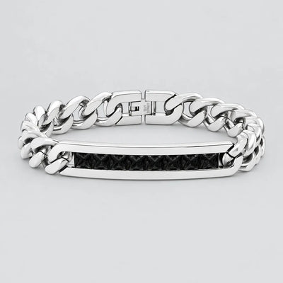 Bracelet de motard argenté en acier inoxydable avec texture diamant noir pour hommes