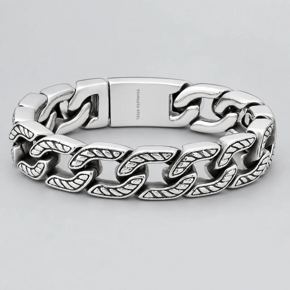 Bracelet gourmette cubaine épaisse en acier inoxydable pour hommes. Chaîne de motard avec accent chevron oxydé.