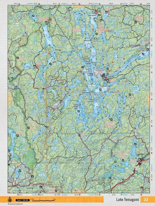 Carte topographique néon 22 Backroad Mapbooks du lac Temagami, imperméable et résistante aux déchirures