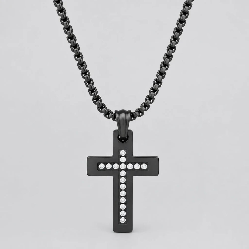 Men's Black Steel Cross Necklace with Stones. Rolo Chain Biker Pendant
