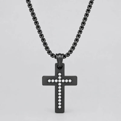 Men's Black Steel Cross Necklace with Stones. Rolo Chain Biker Pendant