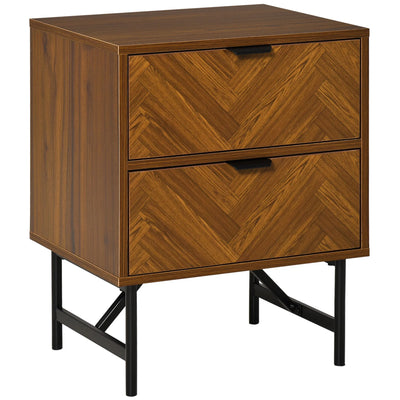 Table de chevet Erik avec 2 tiroirs et pieds en acier - Brun noyer