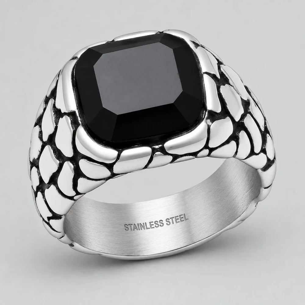 Men’s Stainless Steel Pebble Texture Signet Biker Ring