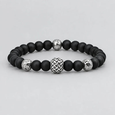Bracelet motard pour homme en perles noir mat avec bille texturée en acier inoxydable