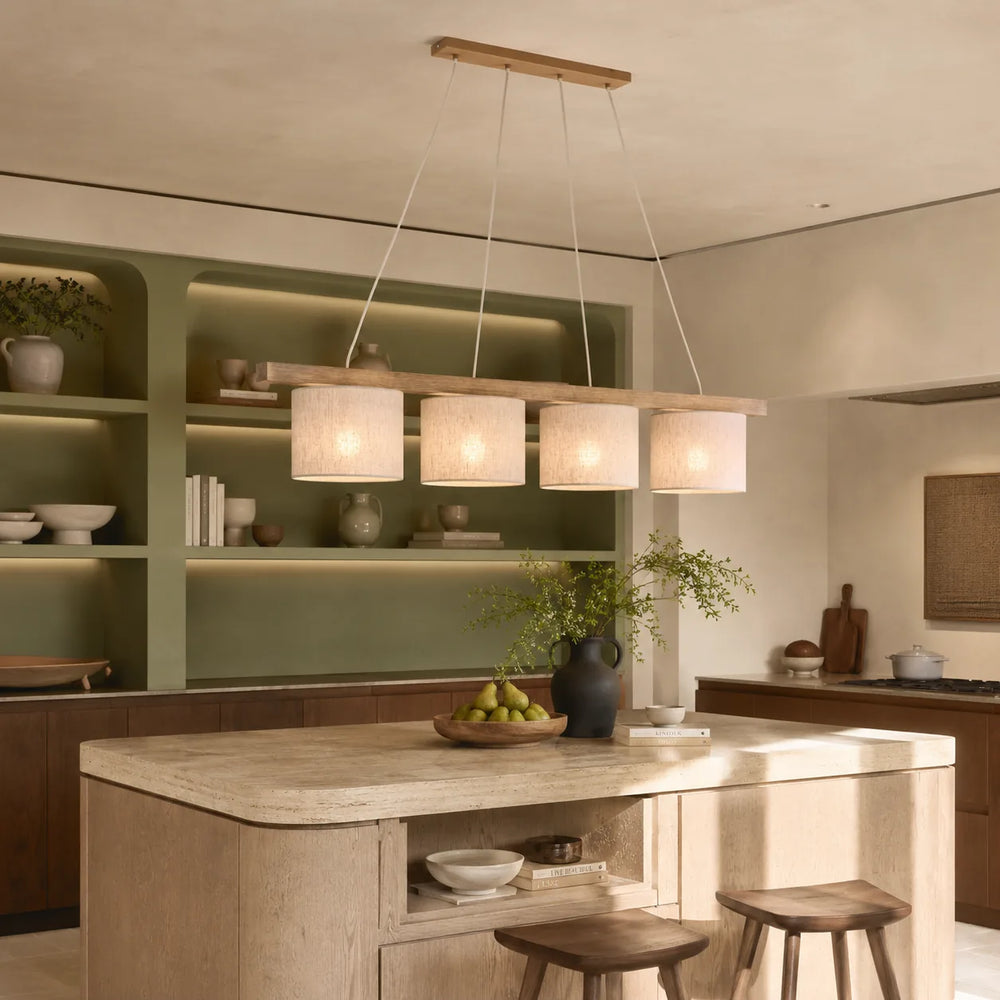 Lumininaire suspendu VARO en bois et lin scandinaves pour îlot de cuisine et table de salle à manger