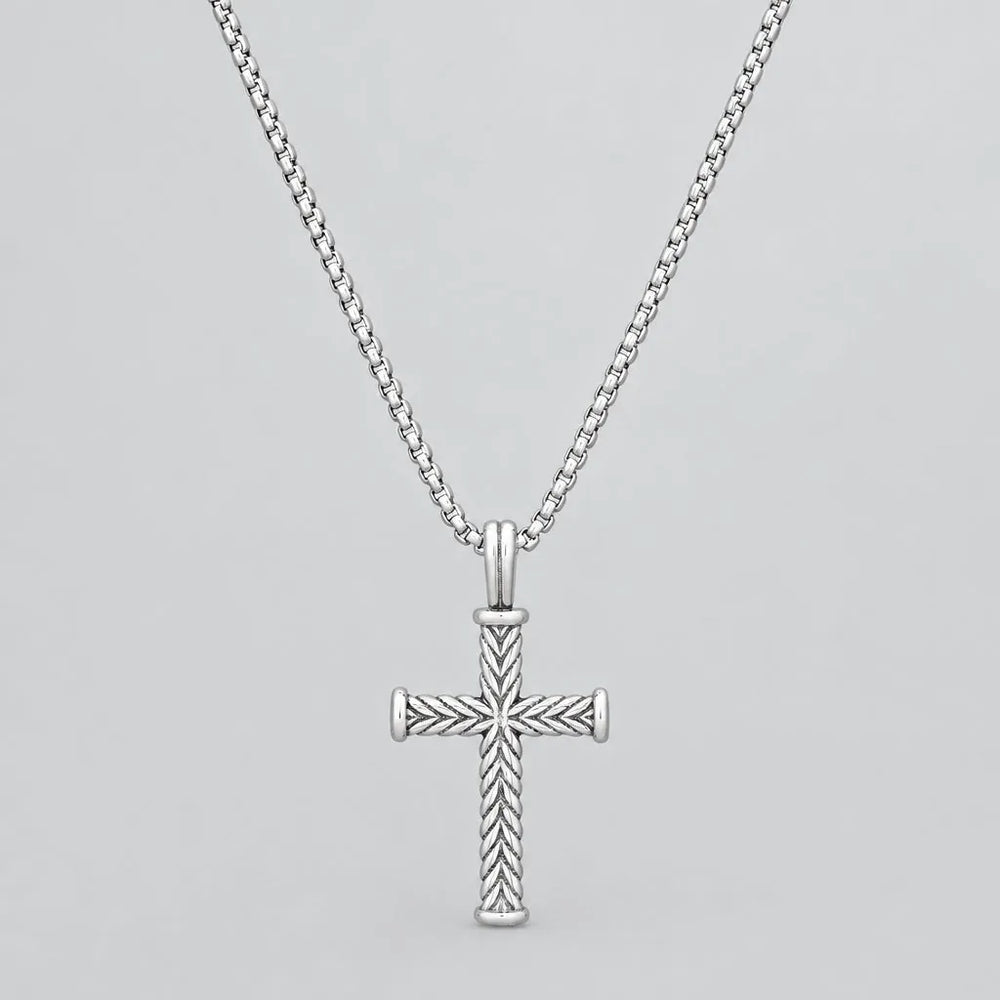 Pendentif Croix pour Homme en Acier Inoxydable à Motif Torsadé. Collier Chaîne Blé Texturée Style Motard