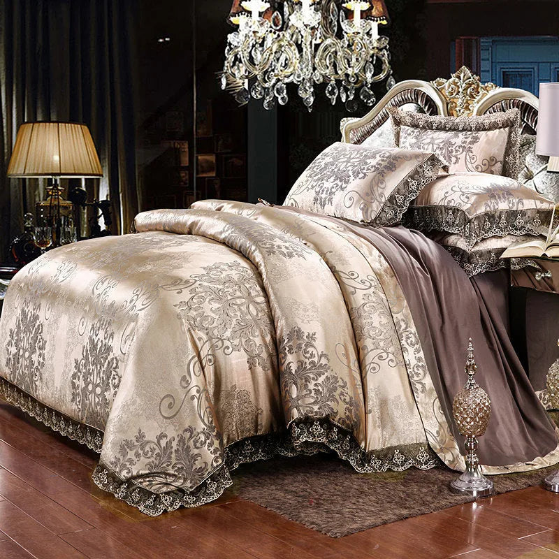 Ensemble de literie de luxe 4 pièces en coton jacquard – Housse de couette en pur coton et drap de lit finition satinée soyeuse