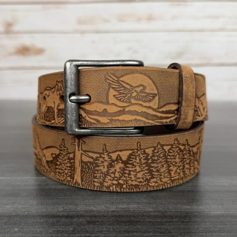 Ceinture Keldon pour hommes en cuir gravé avec scène de vie sauvage