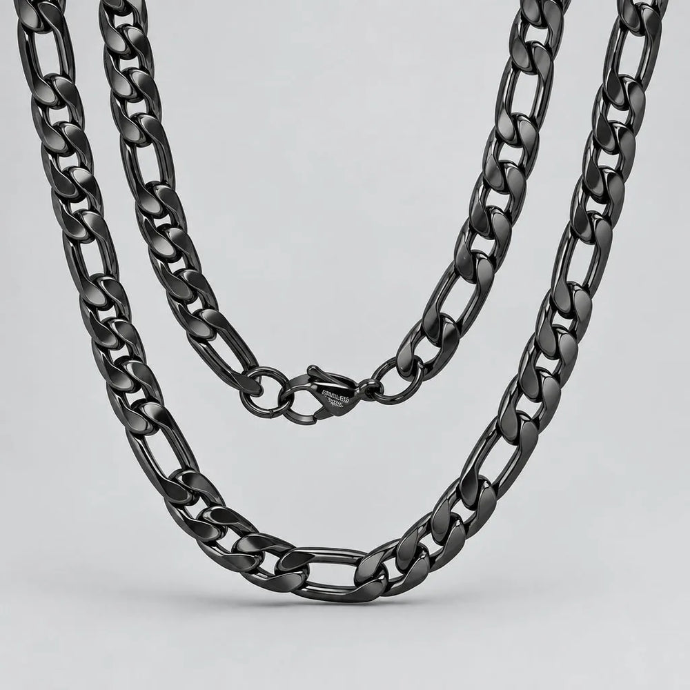 Men’s Black Stainless Steel Double Figaro Chain Necklace