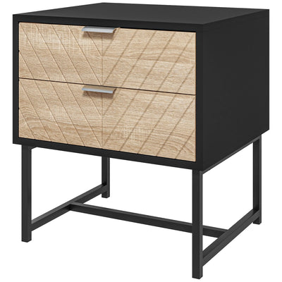 Table de chevet moderne Emery avec 2 tiroirs et pieds en acier - Noir/Chêne