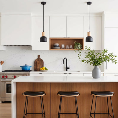 Lumininaire suspendu mini dôme CAIRO noir et bois pour îlot de cuisine et comptoir