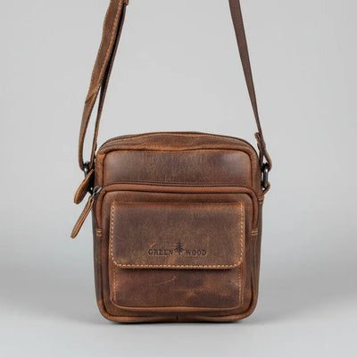 Greenwood Leather Mini-Messenger Bag. Premium Compact Crossbody Travel Organizer