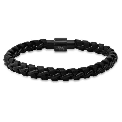 Bracelet Magnétique Noir en Acier pour Homme. Bijou Biker en Cuir Tressé et Maillons