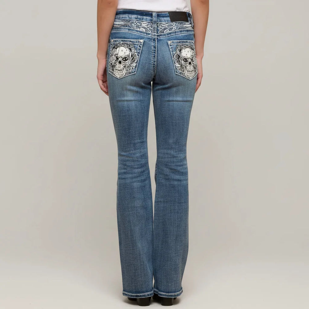 Skull Rider Jeans Femme Skull & Rose Brodé Strass Coupe Bootcut Taille Haute