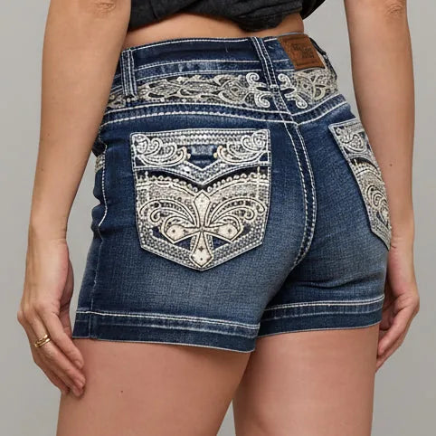 Shorts en denim Westfield Eagle pour femmes, brodés. Taille haute, design croisé, clinquant