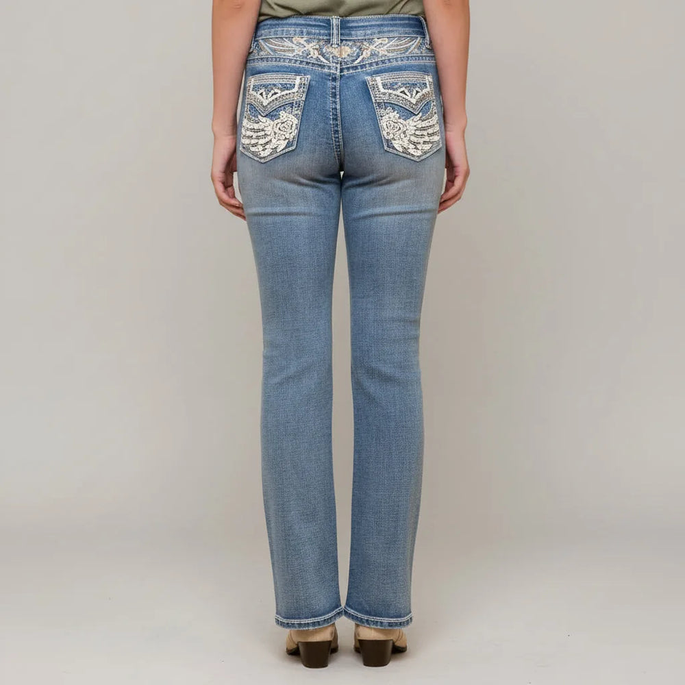 Westfield Eagle Jeans Bootcut pour Femmes avec Broderies. Denim avec Ailes & Rose et Strass.