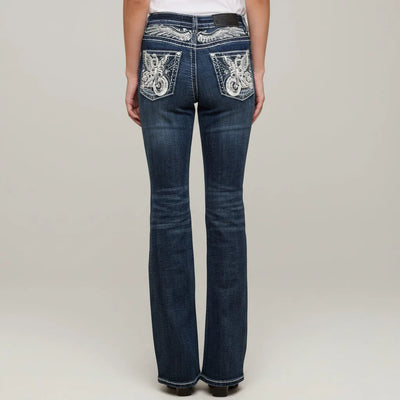Skull Rider Women’s Bootcut Motorcycle Bling Jeans. High Waisted Embroidered Western Denim