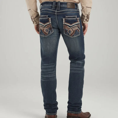 Jeans bootcut premium Eagle Warrior pour hommes. Denim extensible à 7 poches avec broderie tribale