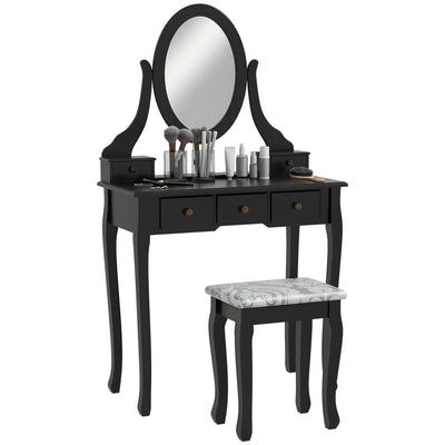 Emma Vanity Desk with Padded Stool and 360° Rotating Oval Mirror-Black