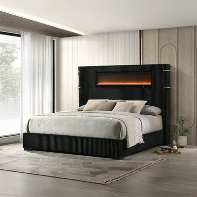 Lit intelligent plateforme Obsidian avec foyer/lumière de lecture/haut-parleur/Bluetooth/USB - Noir
