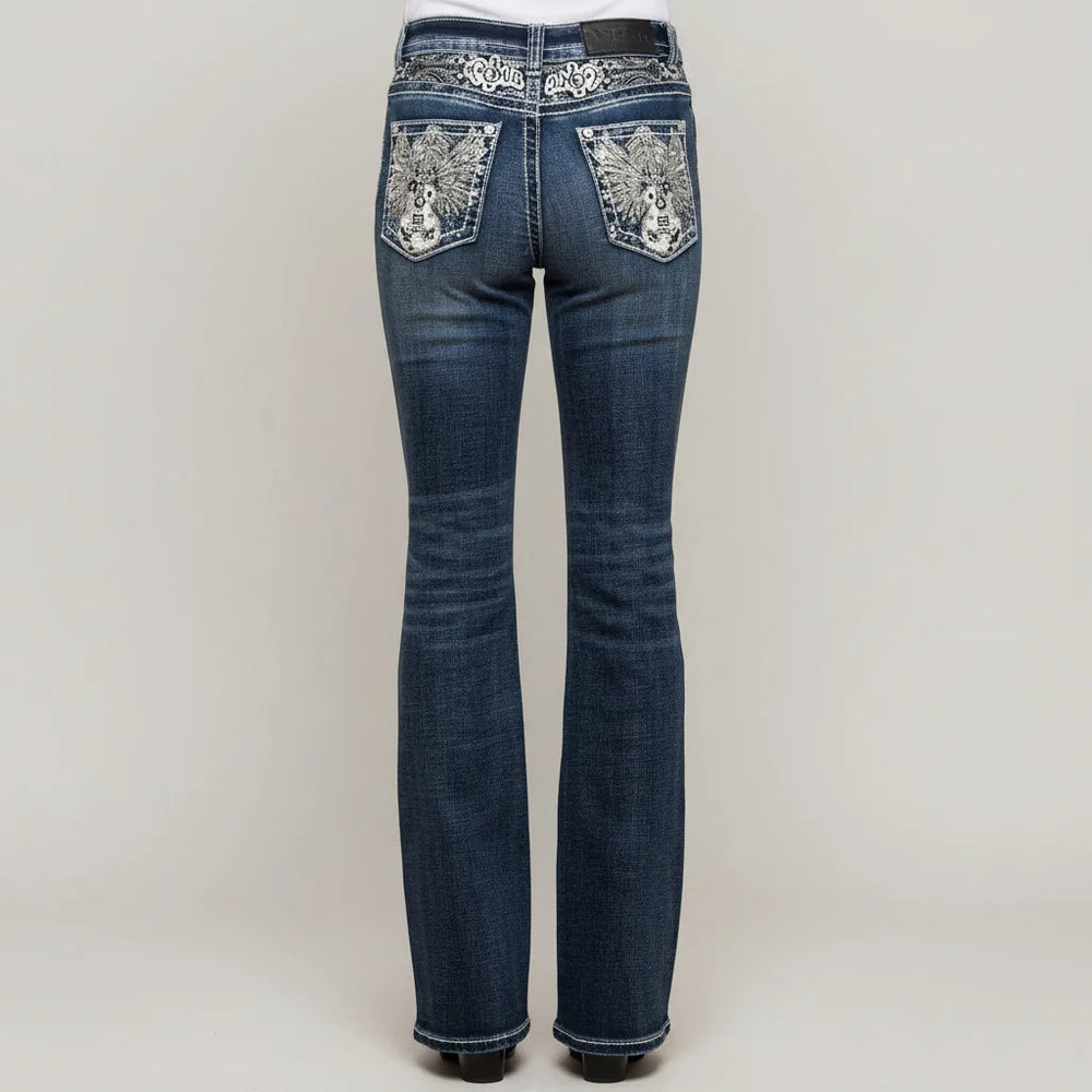 Skull Rider Women’s Music Note & Electric Guitar Bling Jeans. High Waisted Bootcut Western Denim