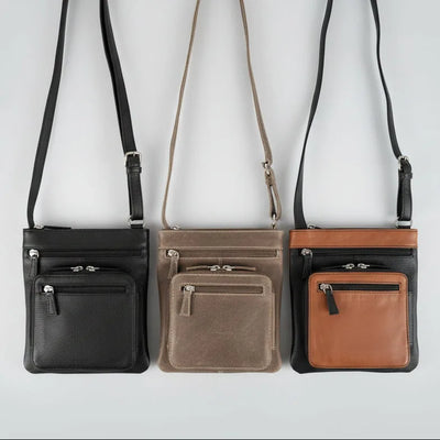Sac bandoulière JBG Slim en cuir véritable. Portefeuille de voyage avec blocage RFID et multiples poches zippées