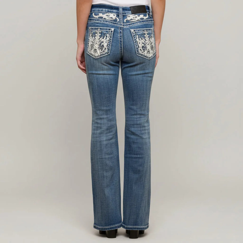 Jeans Bootcut Skull Rider pour Femmes avec Strass. Denim Western Taille Haute Brodé