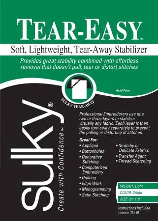 Sulky Tear Easy Stabilisateur Détachable Blanc 20 po x 1 vg