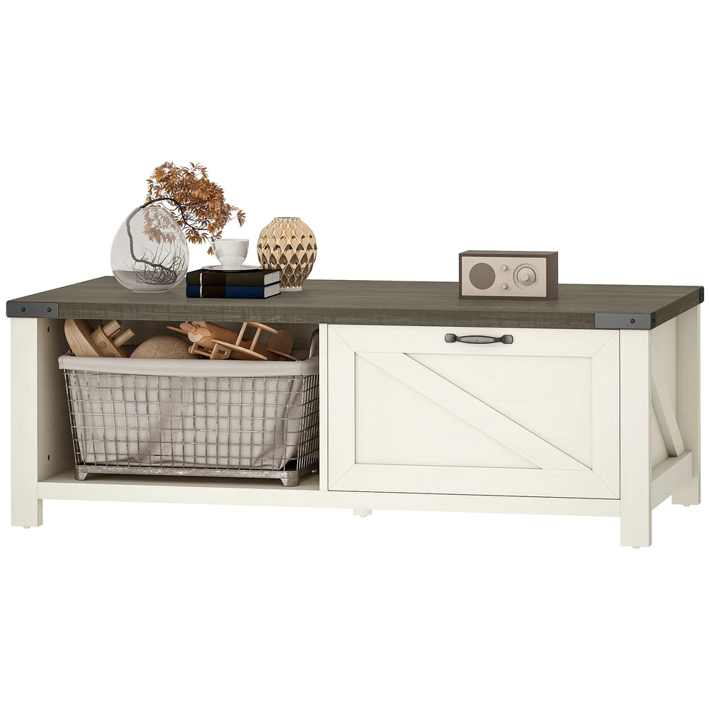 Table de salon Lowen style champêtre avec tiroir et étagère ouverte - Gris délavé/Blanc