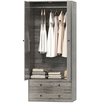Briar Wardrobe Closet-Armoire with 2 Drawers and Hanging Rod-Grey