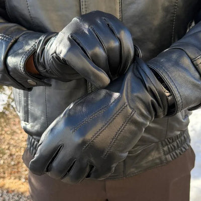 Gants pour hommes en cuir d'agneau noir avec doublure en mélange de laine