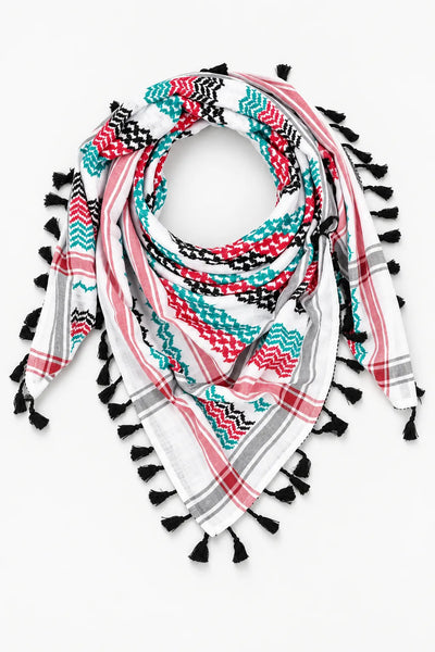 White Palestinian Keffiyeh Scarf with colorful heritage patterns - Keffiyeh - Al-Turath
