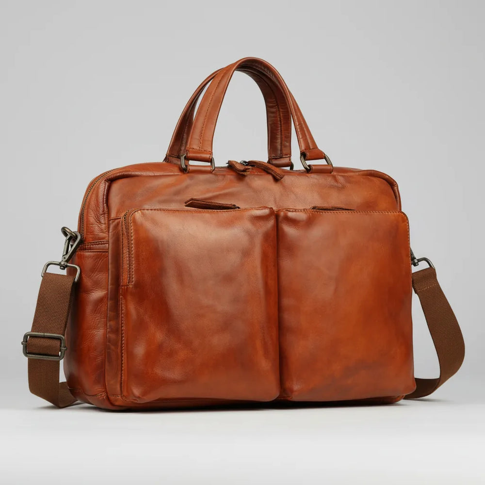 MET Premium Leather Laptop Messenger Bag. Professional Dual-Pocket Executive Briefcase