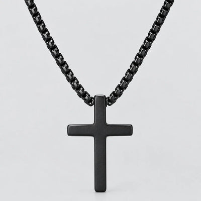 Men's Black Steel Cross Pendant Necklace Box Chain Biker Jewelry
