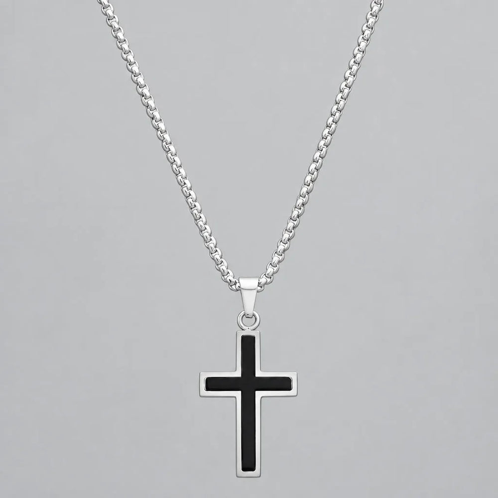 Men's Stainless Steel Silver and Black Cross Pendant Necklace
