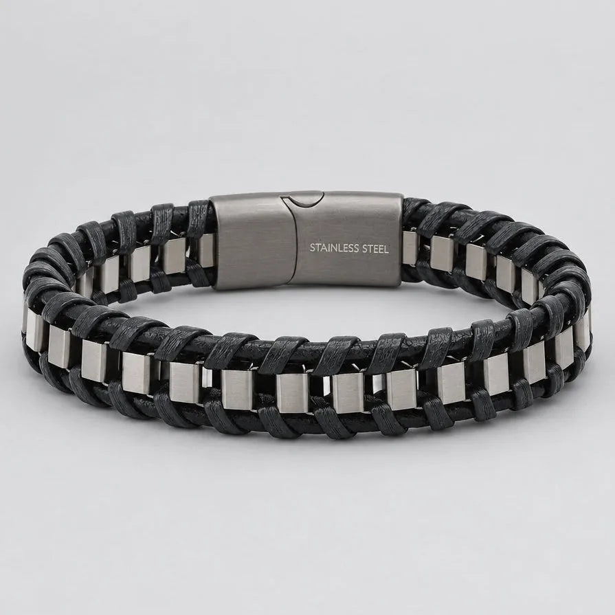 Men's Matte Black Braided Leather & Stainless Steel Box Link Biker Bracelet