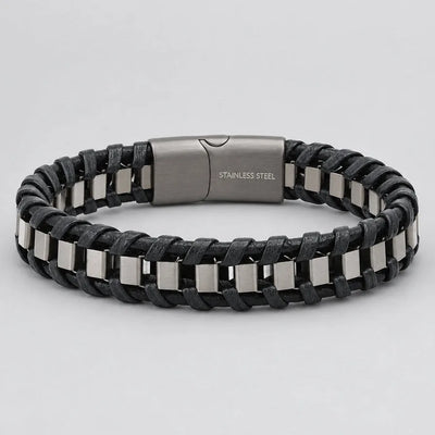 Bracelet motard en cuir tressé noir mat et acier inoxydable à maillons carrés pour hommes