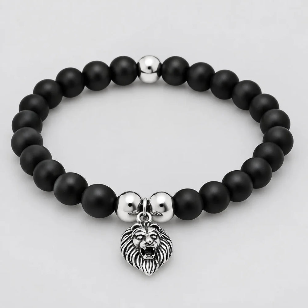 Men’s Black Lava Stone Beaded Bracelet with Stainless Steel Lion Head Charm Biker Bracelet