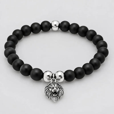 Bracelet pour hommes en pierre de lave noire avec tête de lion en acier inoxydable
