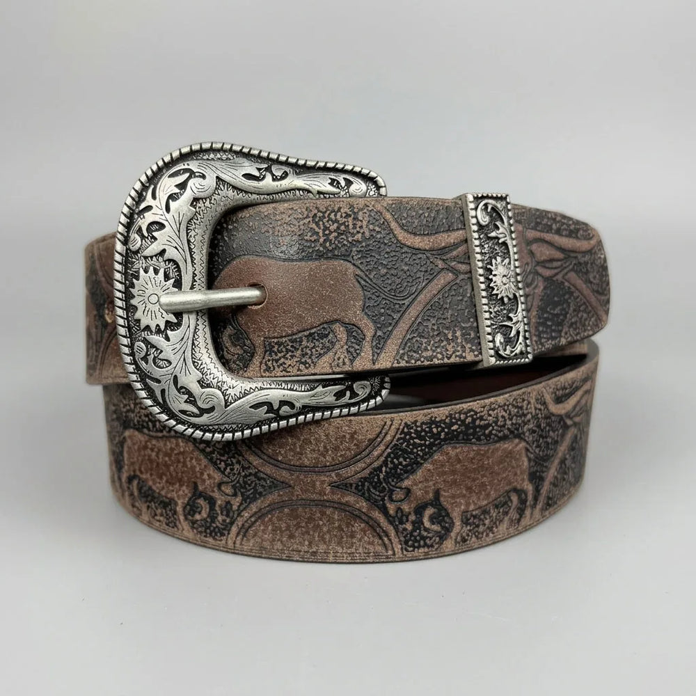 Keldon Men's Western Belt Embossed Leather with Bull Design and Removable Silver Buckle
