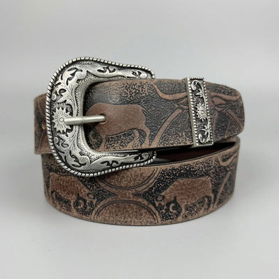 Keldon Men's Western Belt Embossed Leather with Bull Design and Removable Silver Buckle