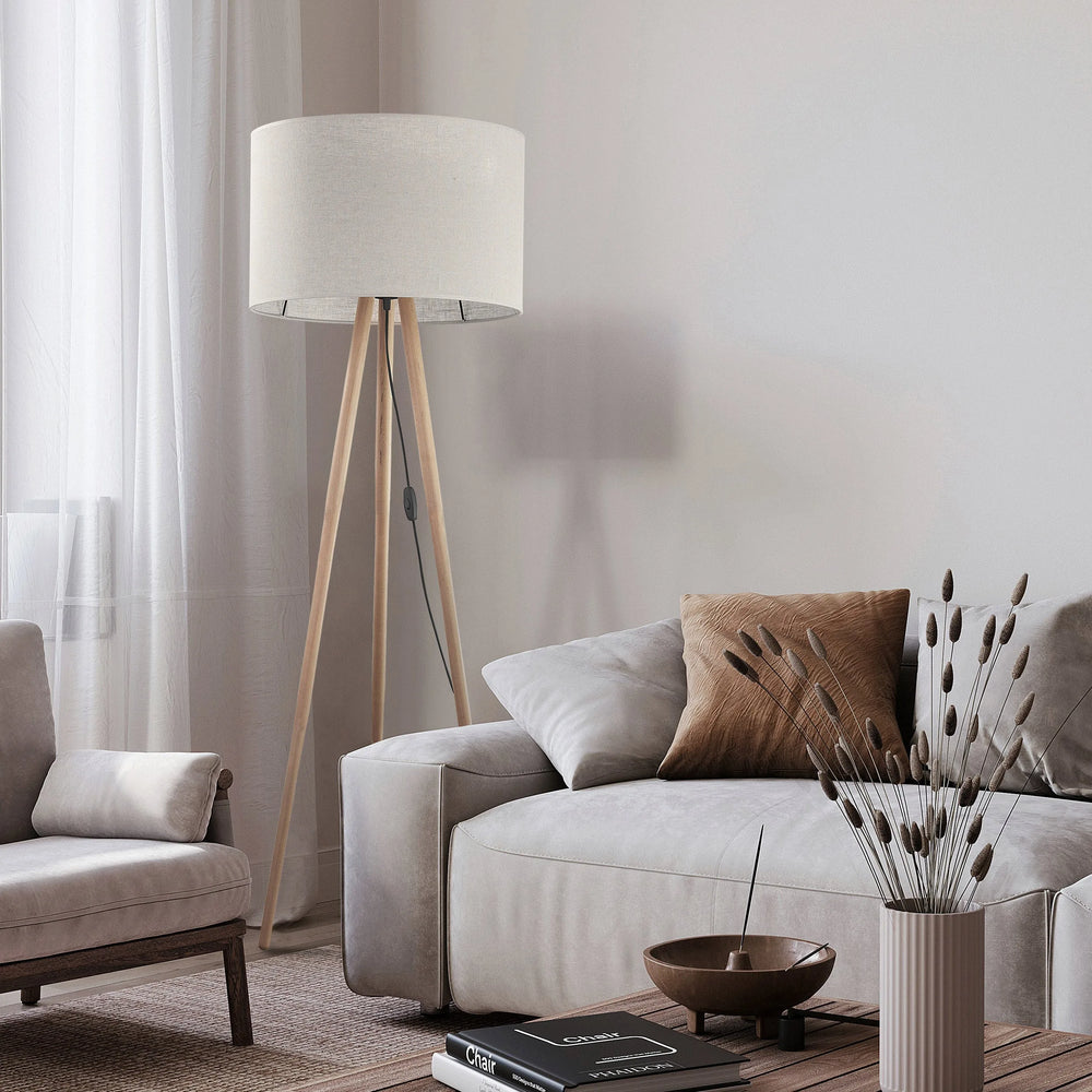 Lampadaire TOKYO en lin naturel et bois avec trépied pour salon, chambre et coin lecture